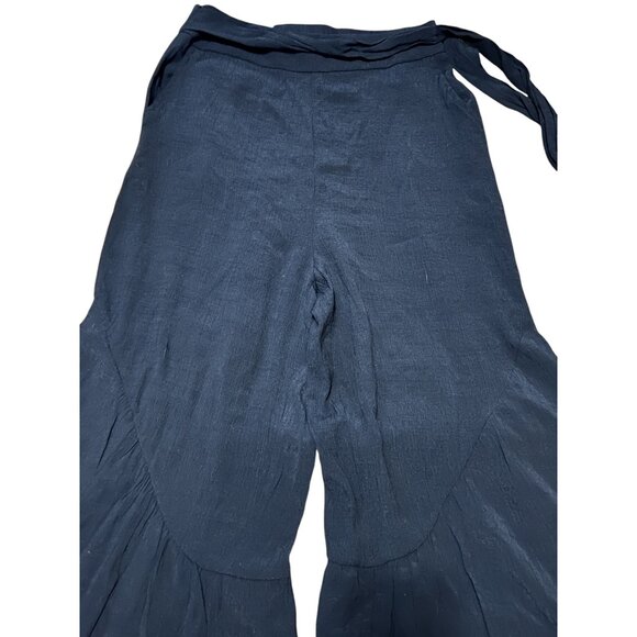 Halara Crinkle Textured Wide Flowy Leg Tie Waist Palazzo Pants Sz Medium Black Z - Picture 3 of 10